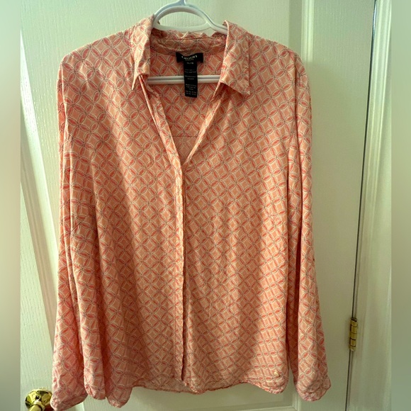 Women’s XL Olsen blouse in orange pattern. Hidden buttons & roll up sleeves. - Picture 1 of 6